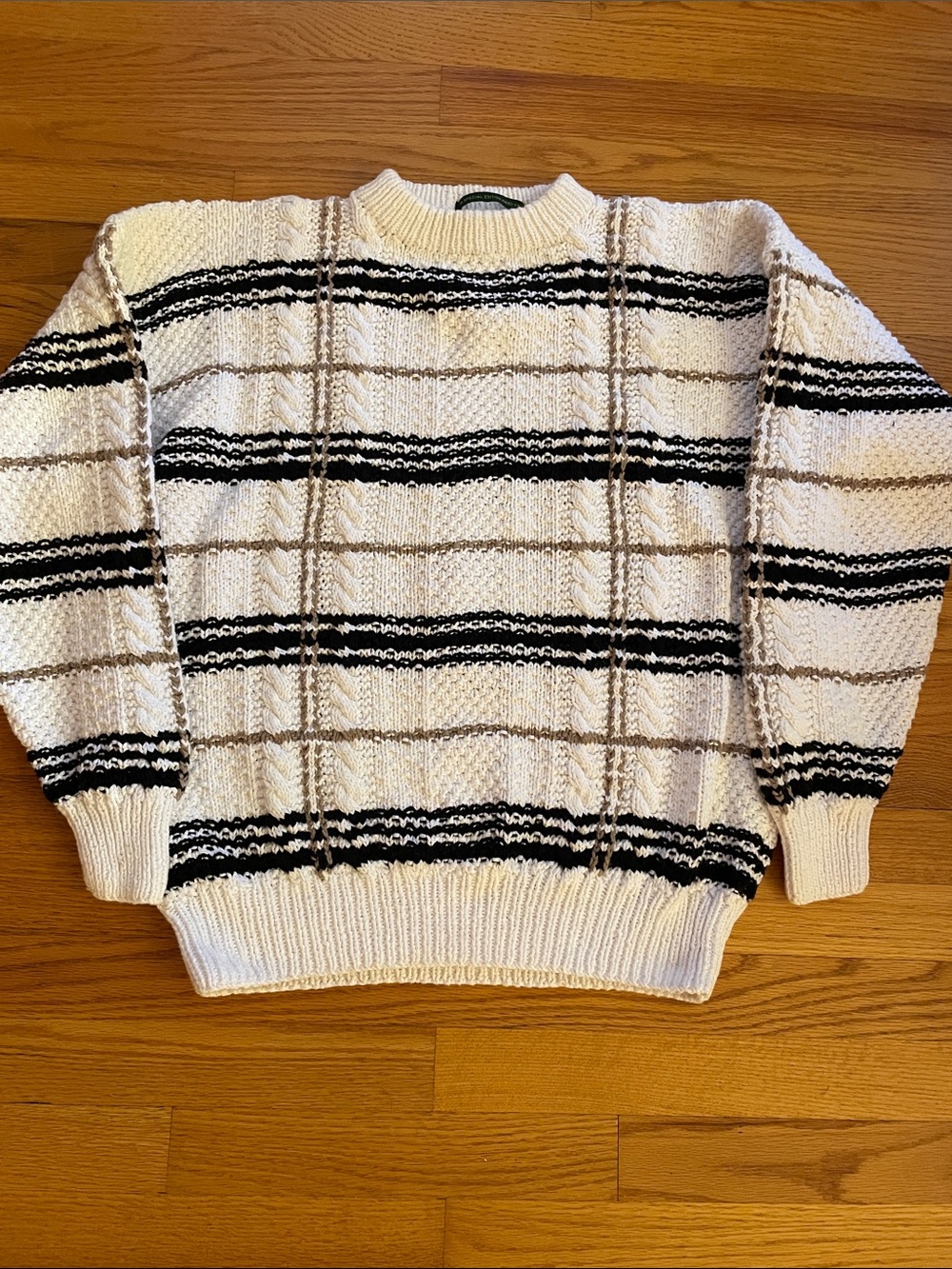 Embassy Row Men's Cream Crewneck Sweater with Black & Tan Stripes